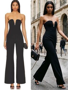 Good American Scuba Black Strapless Rhinestone Trim Sweetheart Jumpsuit NWT $169